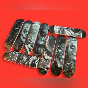 Custom printed skateboard decks, each one unique, featuring original artwork